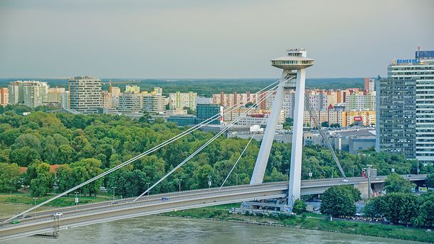 Most SNP (UFO Bridge) in Bratislava, Slovakia at sunset in the summer