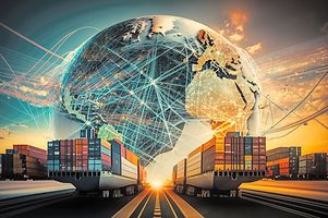 AI Generated Global Freight Network Abstract 3D rendering of a global freight and shipping network, featuring cargo planes, ships, and trucks connecting continents, generative ai