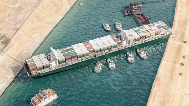 Ever given has been freed in Suez Canal. Effort to refloat vast wedged container cargo ship by tug boats, dredger ship 3D illustration. Giant cargo ship dislodged and refloated in Egyptian Suez canal