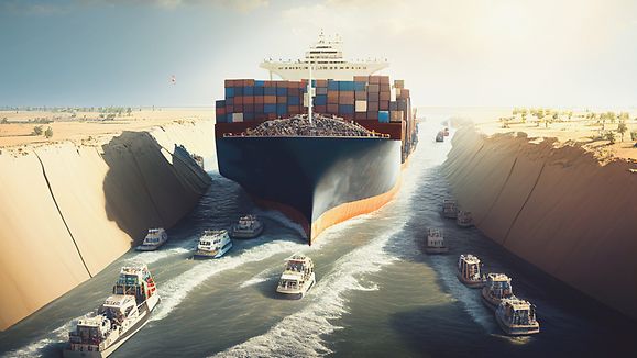 The waterway of the Suez Canal is busy with shipping. Illustratiion by Generative AI.