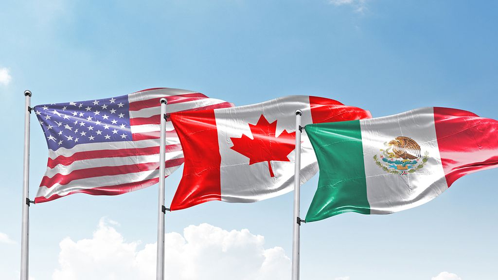 Vector Flags of NAFTA Countries Canada, United States of America and Mexico. The North American Free Trade Agreement