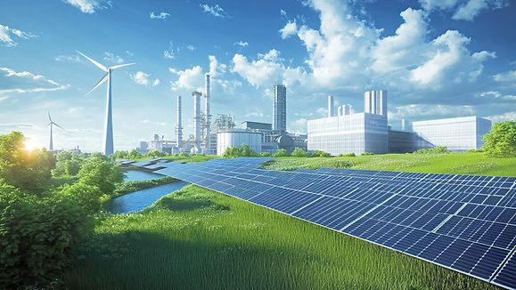 AI generated renewable energy-powered factory, showcasing eco-friendly practices with minimal environmental impact