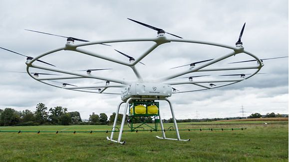 The VoloDrone is the first large drone for agricultural use, made as part of a joint venture between argicultural equipment manufacturer John Deere and Volocopter GmbH, based in Bruchsal.