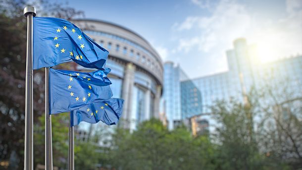 European union flag against parliament in Brussels, Belgium