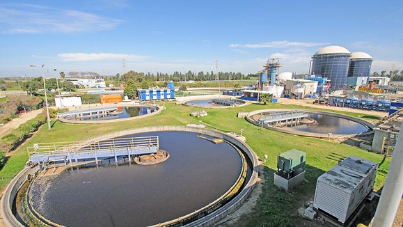 Sewerage treatment facility. The treated water is then used for irrigation and agricultural use. Photographed near Hadera, Israel