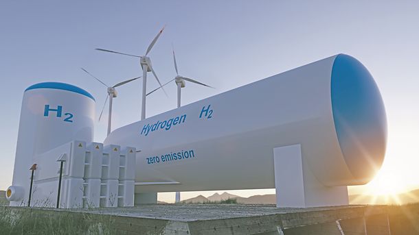 Hydrogen renewable energy production - hydrogen gas for clean electricity solar and windturbine facility. 3d rendering.