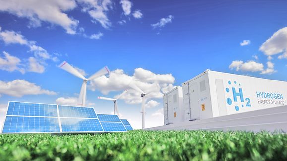 Ecology energy solution. Power to gas concept. Hydrogen energy storage with renewable energy sources - photovoltaic and wind turbine power plant in a fresh nature. 3d rendering.