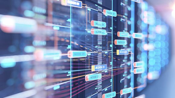 Serverraum 3D-Darstellung mit Knotenbasisprogrammierung Datendesign element.concept of big data storage