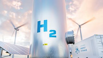 Hydrogen energy storage gas tank with solar panels, wind turbine and energy storage container unit in background. 3d rendering.