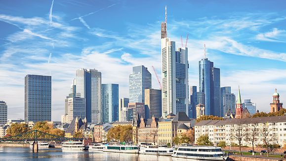 Skyline cityscape of Frankfurt, Germany during sunny day. Frankfurt Main in a financial capital of Europe