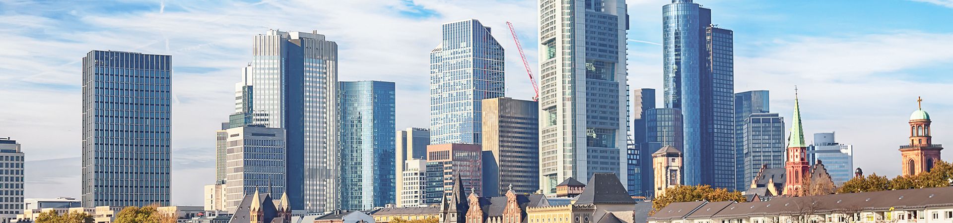 Skyline cityscape of Frankfurt, Germany during sunny day. Frankfurt Main in a financial capital of Europe